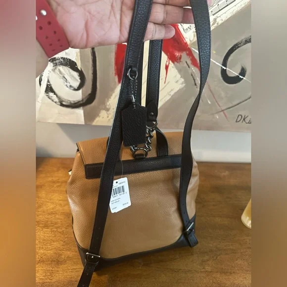 Coach Tan and Black Leather Backpack with White Accents - Picture 9 of 9